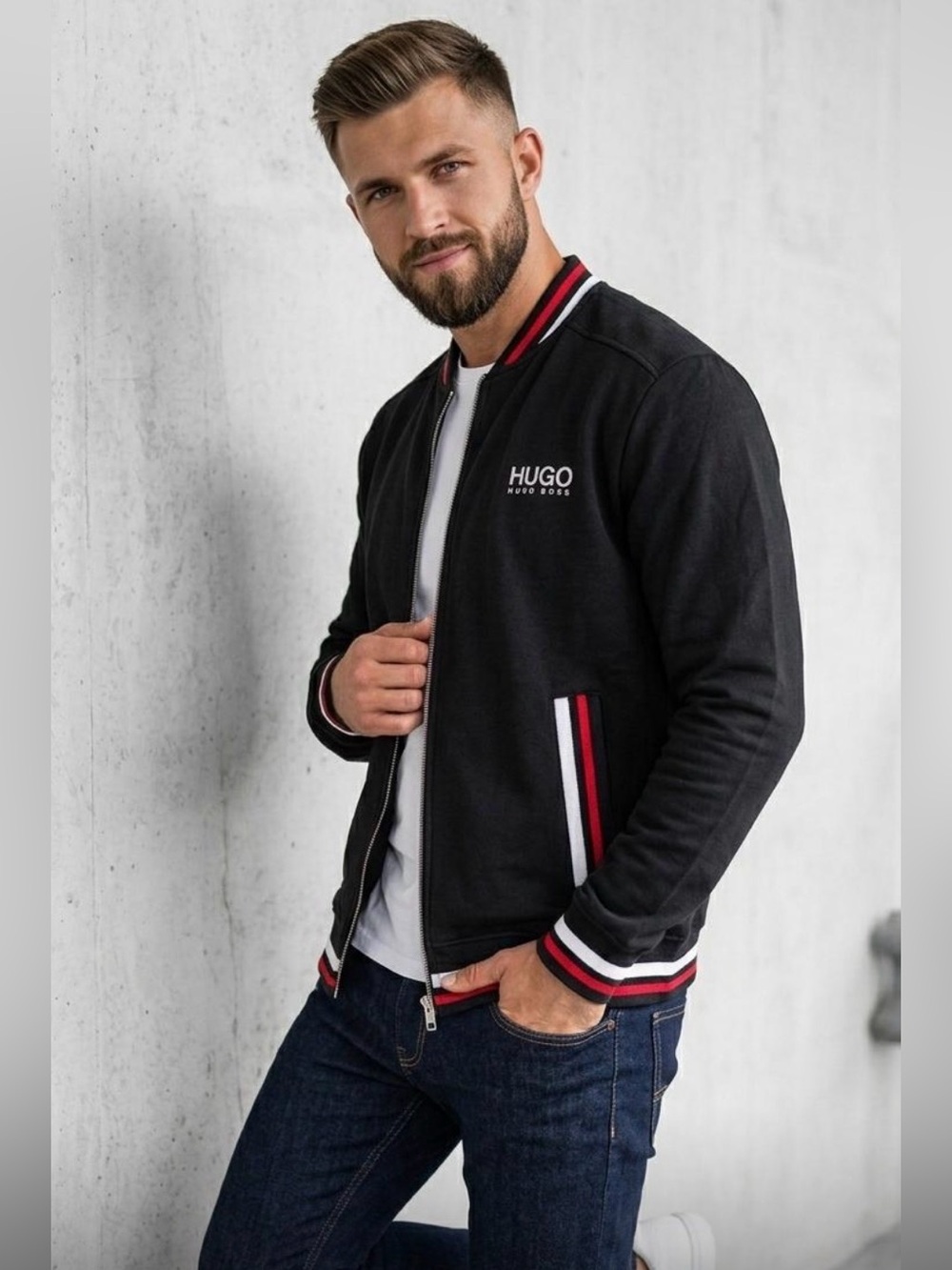 Hugo Boss Black Bomber Jacket with Red & White Stripe Accents Sizes (S/M/XL/XXL)